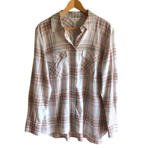 Addition Elle Plaid Button Up Shirt Size X Gray Peach and Orange Red - Picture 2 of 11